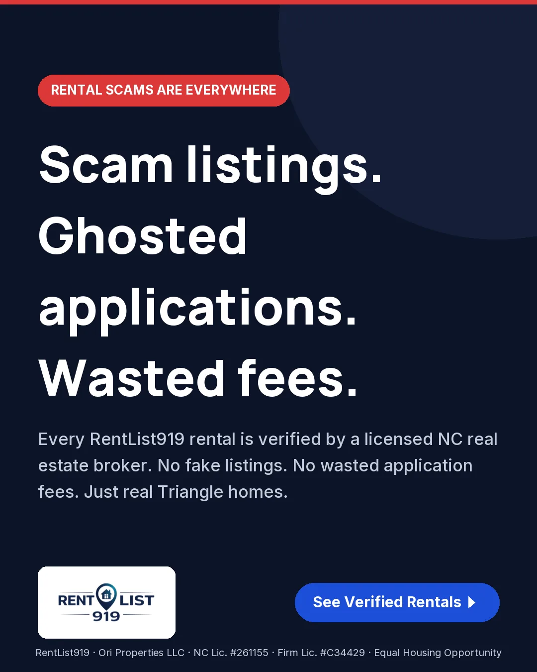RentList919 Meta ad about scam listings and wasted rental application fees