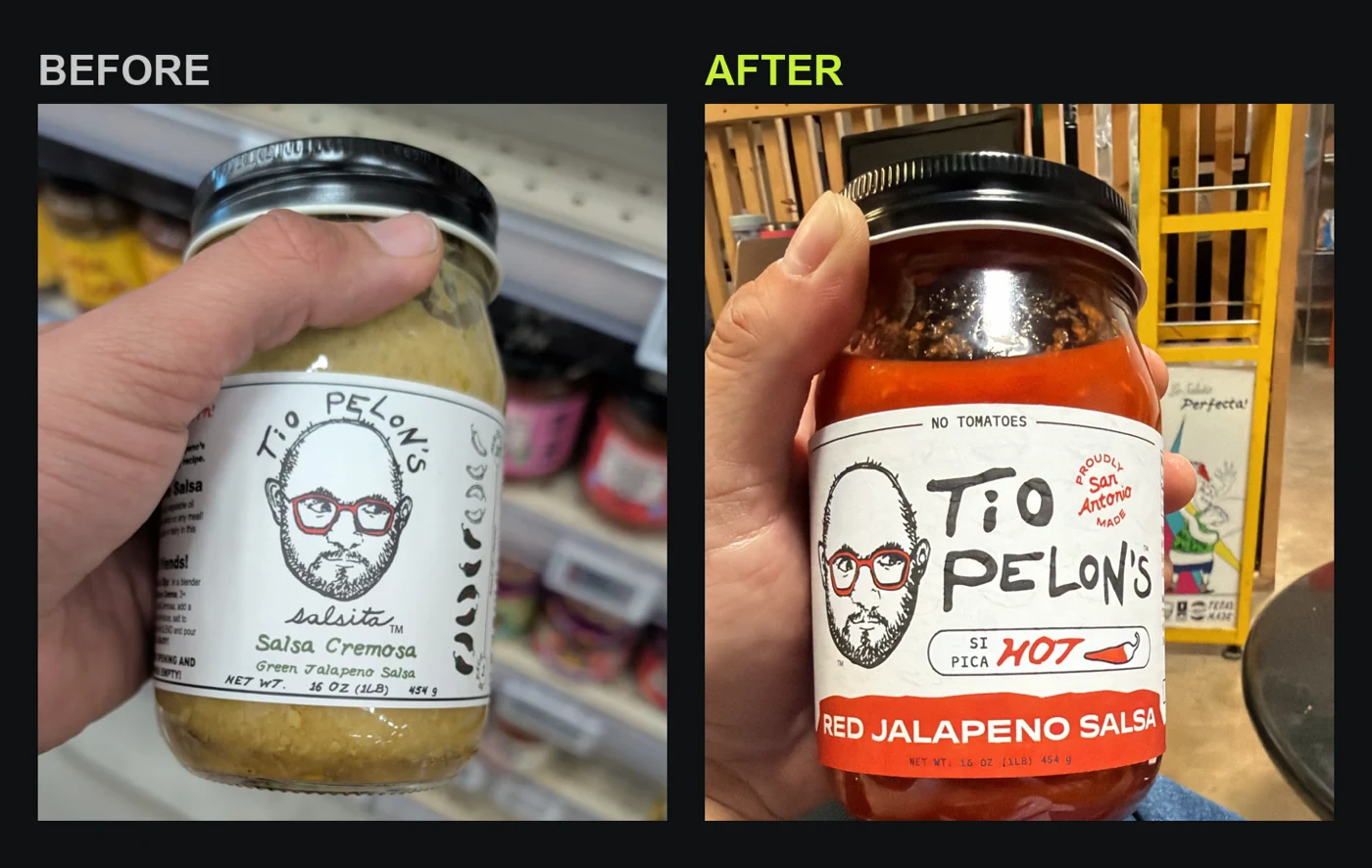 Before and after comparison of the Tio Pelon's Salsita label redesign