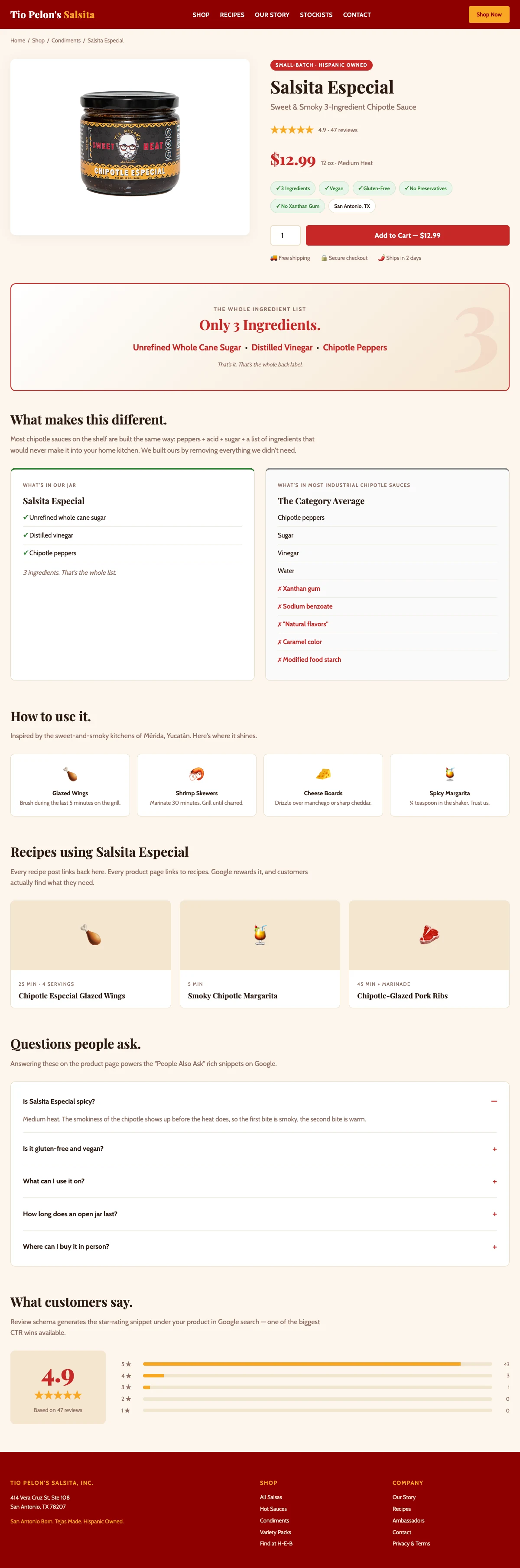 Retail product page mock for Tio Pelon's chipotle salsa